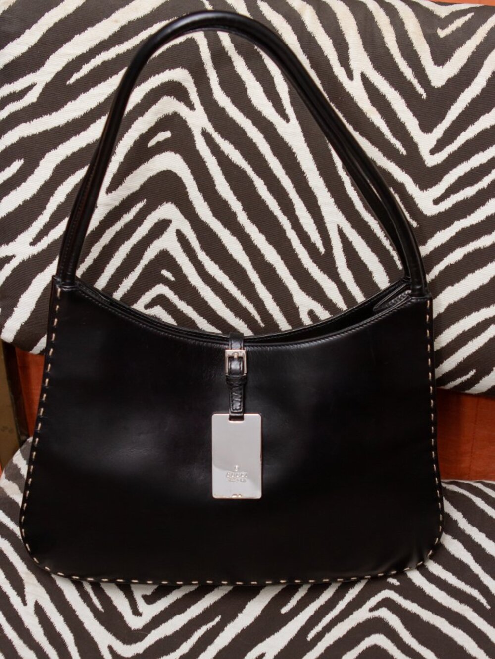 Authentic Gucci Black Leather Hobo Shoulder Bag White Stitching